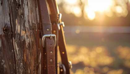 Leather straps on a rustic wooden post, bathed in warm, golden sunlight