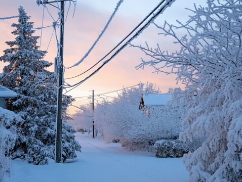 Snowy street scene at sunrise with frost covered trees and power lines in a residential neighborhood landscape view - Powered by Adobe