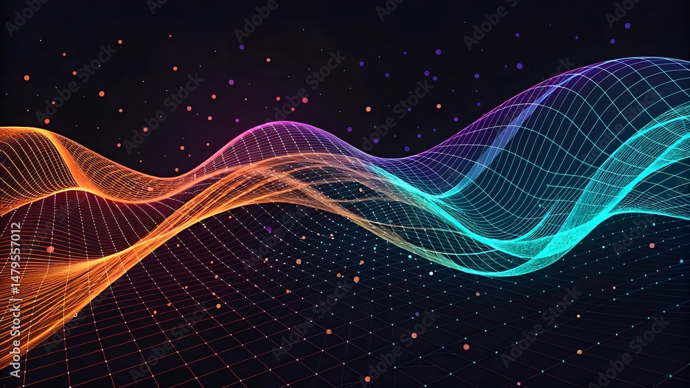 Poster abstract gradient mesh landscape with colorful dots on a dark background design illustration