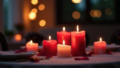 Subdued lighting highlights a romantic table arrangement with burning candles, romantic, close-up