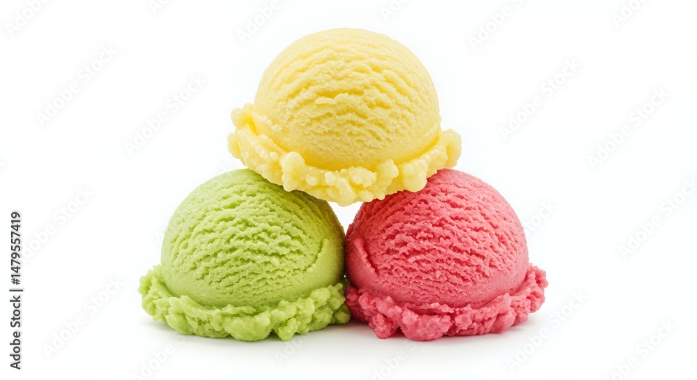 Poster three scoops of gelato pistachio lemon and raspberry stacked vertically melting on white background 