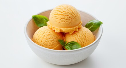 Three Scoops of Peach Ice Cream Garnished with Basil in Ceramic Bowl Isolated on White Background for Summer Vibes and Promotion