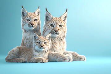 Naklejka premium Three adorable lynxes, a family group resting together on a soft blue background, showcasing their fur