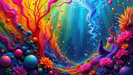 vibrant surreal underwater scene filled variety of colorful elements. On left side there swirling bright red orange tendrils resembling seaweed intertwined numerous spherical objects shades...