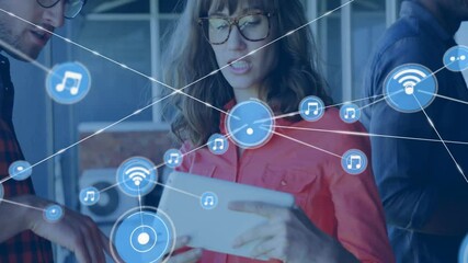 Team holding tablet in technology project, connecting streaming network icons and musical notes - Powered by Adobe