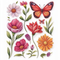 A set of stickers featuring various flowers like roses, tulips, and daisies