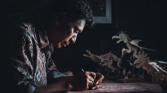 Artisan's Craft in the Studio: A skilled artisan meticulously refines his craft, his intense focus illuminated by a warm light, surrounded by intricately detailed artwork and creations.