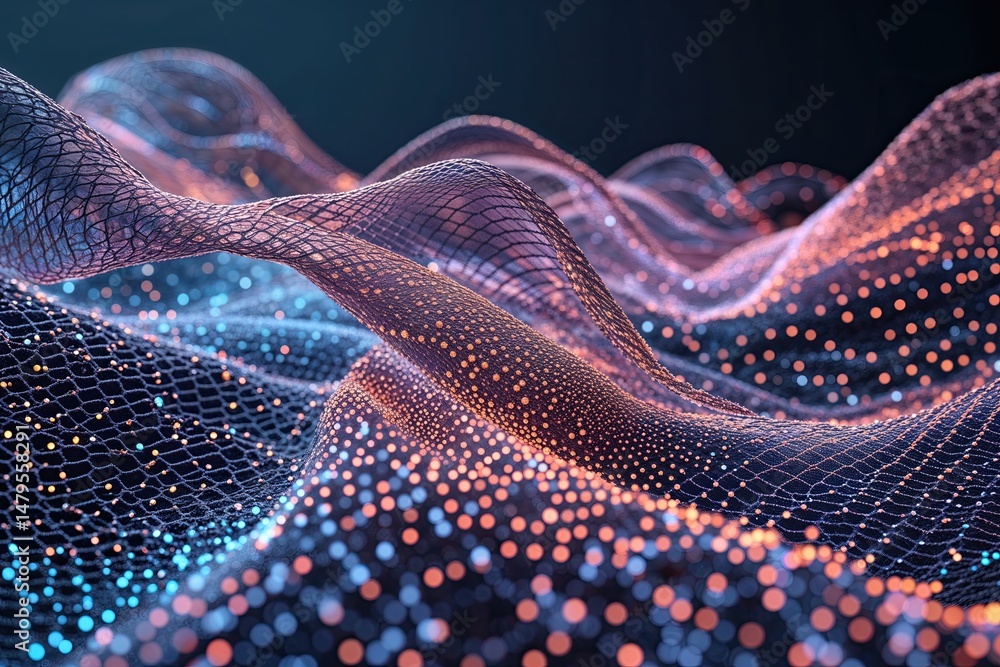 Poster cutting edge mesh backgrounds with dynamic digital particle flows for contemporary web design