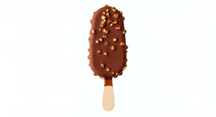 Top Down View of Chocolate Nut Ice Cream Bar on Wooden Stick Isolated on White Background Perfect for Decoration