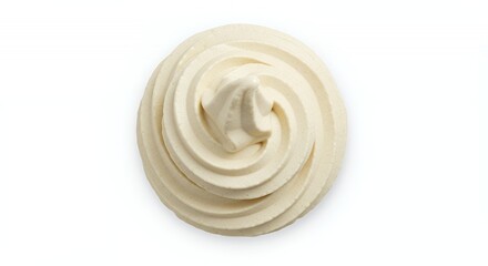 Top View of Textured Vanilla Bean Frozen Yogurt Swirl with Single Scoop on Isolated White Background Featuring Creamy Beige Tones
