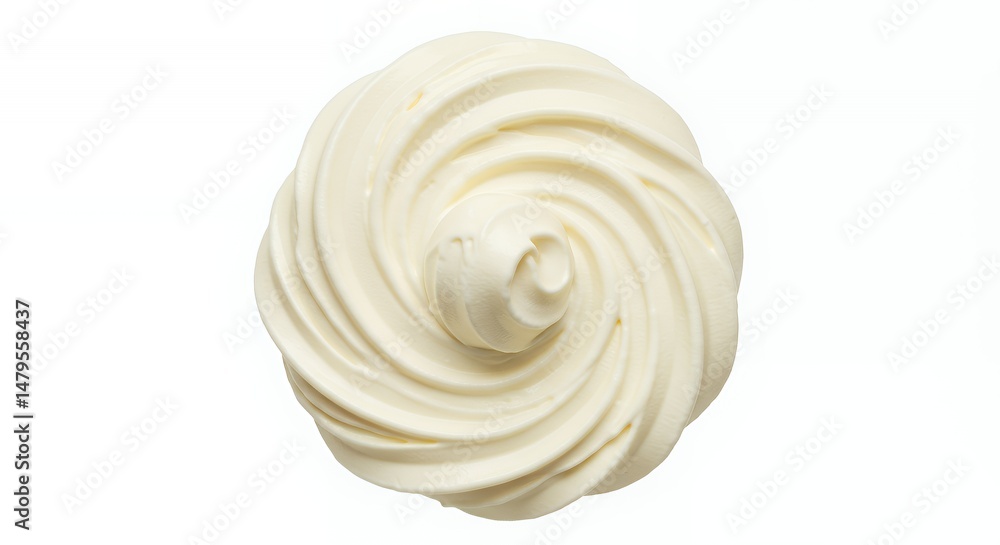 Poster top view textured swirl of vanilla bean frozen yogurt with single scoop isolated on white background