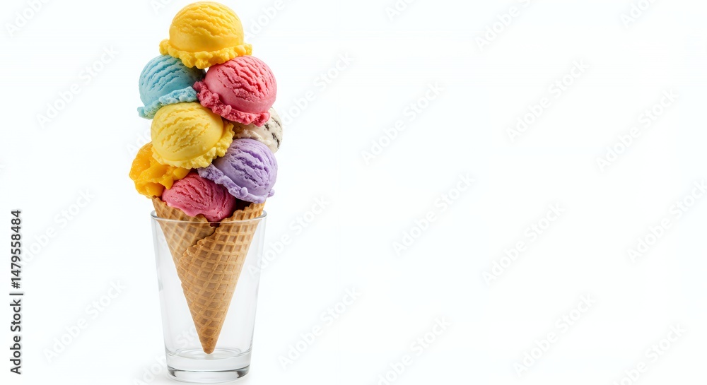 Poster towering stack of multicolored ice cream scoops in waffle cone nestled in clear glass cup isolated o