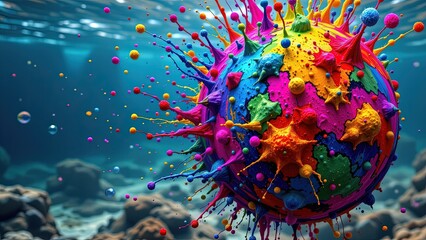vibrant colorful sphere bursting outward resembling vibrant explosion of paint. sphere composed of various bright colors including blue green yellow orange pink purple creating visually...