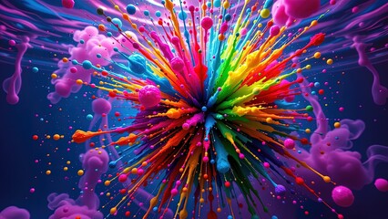 vibrant explosion of colors radiating outward creating dynamic visually striking effect. explosion composed of spectrum of bright hues including red orange yellow green blue purple blending...