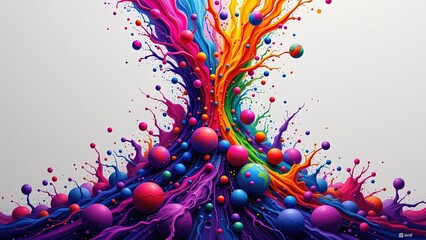 vibrant dynamic visual composition featuring burst of colorful fluid-like shapes. At center cascade of vivid hues�ranging from deep purples to bright oranges�creates impression of movement...