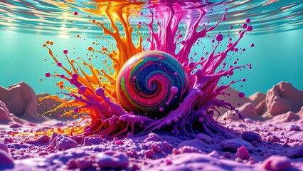 vibrant surreal scene where colorful swirling sphere emerges from pool of vivid liquid-like splashes. sphere surrounded array of bright dynamic colors including orange pink purple blue...