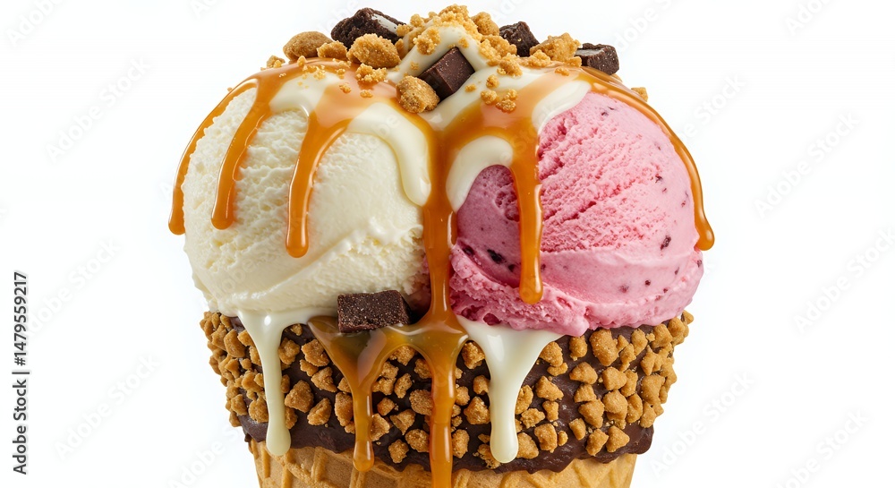 Poster two scoops ice cream cone with caramel drizzle cookie crumble and chocolate chunks isolated on white