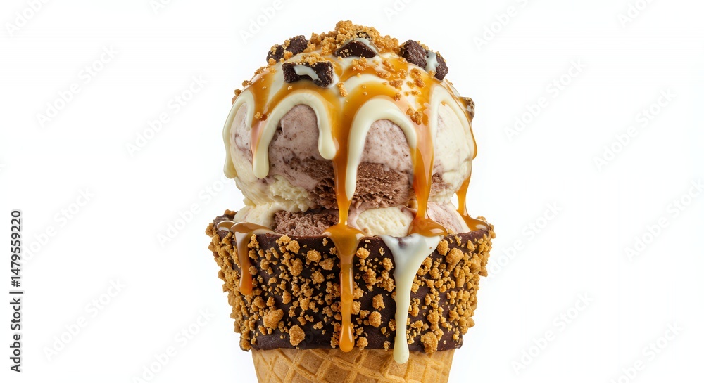 Poster two scoops ice cream cone dripping with caramel white chocolate topped with cookie crumble and dark 