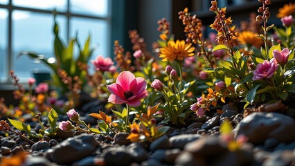 vibrant lush garden scene filled variety of colorful flowers succulent plants. foreground dominated pink flowers delicate petals surrounded smaller orange yellow blooms all nestled among...