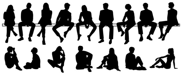 Silhouettes of a men and a women sitting on a bench, vector, a group of business people, black color on a white background