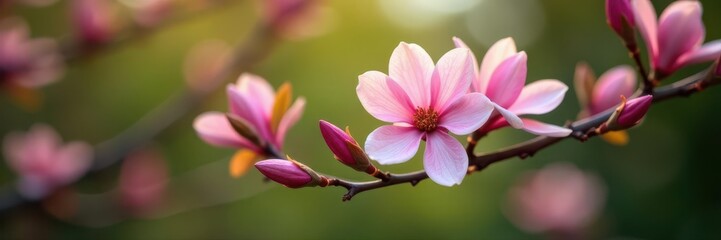 Obraz premium Pink magnolia blossoms on a twig, close-up view against blurred green , plant photography, floral, springtime
