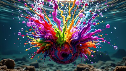 vibrant colorful explosion of paint bursting outward creating display of vivid hues such as red yellow green blue purple. explosion appears to suspended watery environment bubbles rising...