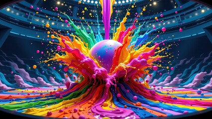 vibrant dynamic scene filled burst of colorful liquid splashes radiating outward creating visual effect. At center spherical object suspended amidst explosion of colors surrounded swirling...