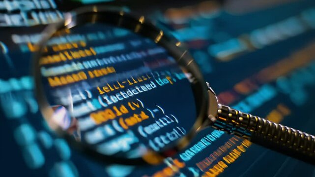 A magnifying glass, laptop, code, Generative AI Videos.