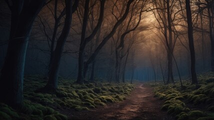 Pathway in Dark Forest with Dark Blue and Brown Sky