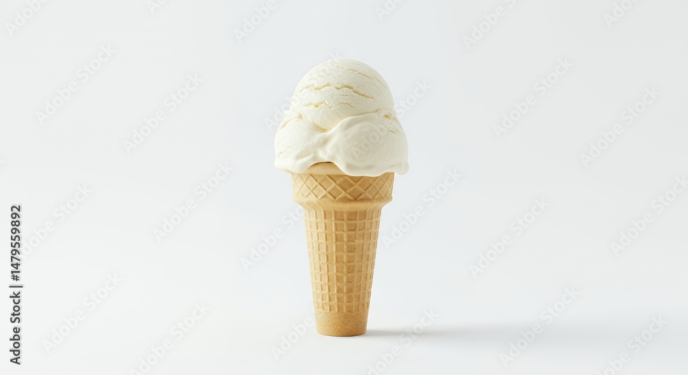 Poster vanilla ice cream cone with single scoop isolated on white background featuring soft lighting perfec