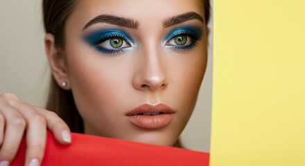 Woman Wearing Blue Eyeshadow Posing with Red and Yellow Backgrounds