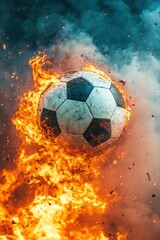 Naklejka premium Dynamic close up of soccer ball engulfed in flames with smoke and sparks in dramatic action shot