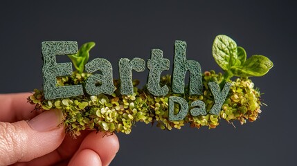 Earth Day letters with green moss and plants detail