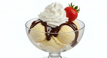 Vanilla Ice Cream Sundae with Chocolate Sauce Whipped Cream and Strawberry in Glass Bowl Isolated on White Backdrop Perfect for Decoration Clip Art Promotion