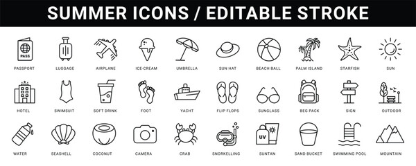  set of Summer icons in line style. Summer vacation icons for web and mobile app.  Travel, beach, tourism, summer holidays, hotel, relax, beach, luggage, passport, sunglasses Vector illustration