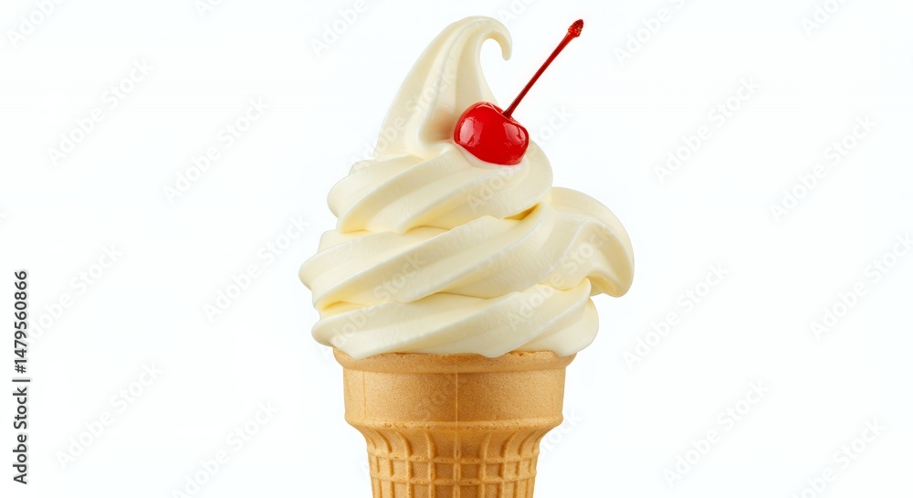 Poster vanilla soft serve ice cream cone with red cherry topping isolated on white background for summer pr