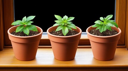 Fototapeta premium Trio of Potted Marijuana Plants Growing in Terracotta Pots on Wooden ill Interior Garden
