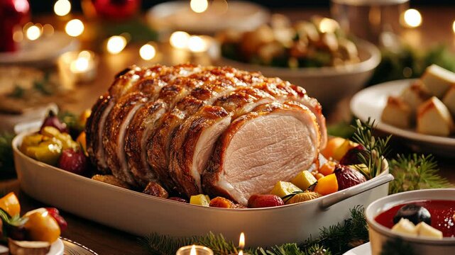 A beautifully presented dish of roasted meat surrounded by vibrant vegetables at a celebratory dinner setting