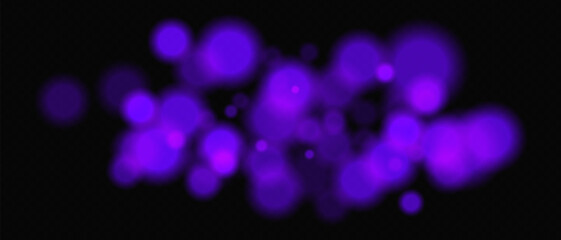 Bright purple circular bokeh lights with intense blur. Festive digital particles and abstract glowing firelight over dark background.