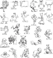 set of vector illustrations of cartoon characters of funny men and women playing with a alien, cartoon characters set of various poses vector