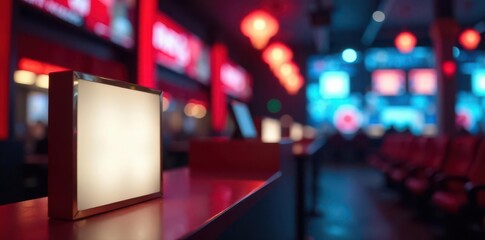 Blank lightbox mockup, blurred movie theater ticket counter background, scene, promotional