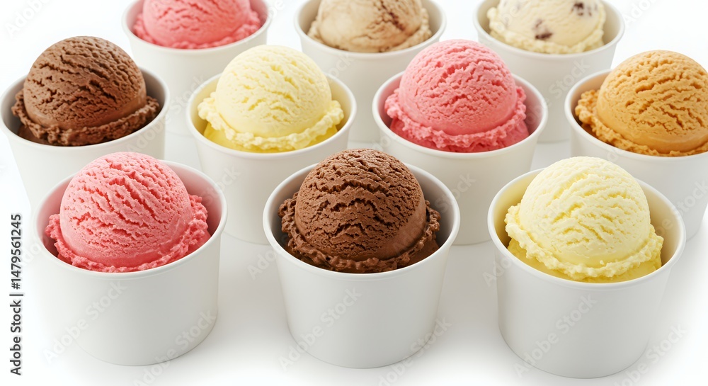 Aufkleber vibrant assortment of flavored ice cream scoops in paper cups isolated on white background creating 