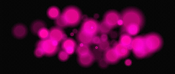 Bright purple circular bokeh lights with intense blur. Festive digital particles and abstract glowing firelight over dark background.