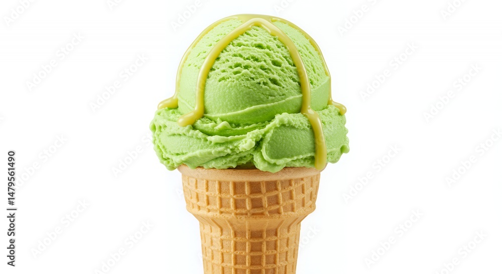 Poster vibrant pistachio ice cream cone with pistachio drizzle on a waffle cone isolated on white backgroun