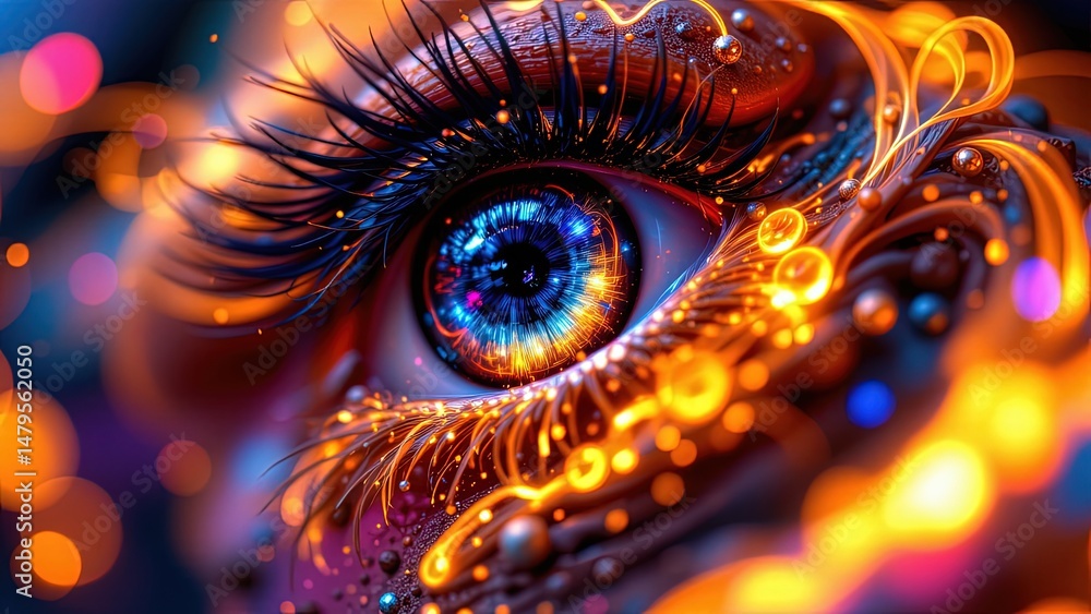 Aufkleber close-up of eye intricately designed vibrant glowing elements that create ethereal futuristic atmosp