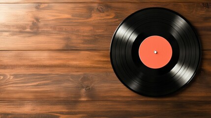 Vintage black vinyl record with a blank orange label lying on a wooden surface in close-up detail
