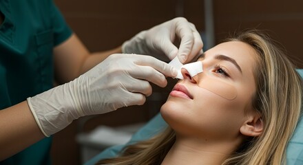 Applying Nose Bandage After Rhinoplasty Procedure to Young Blonde Woman