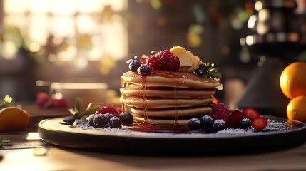 Delicious pancakes butter and syrup with fruits 