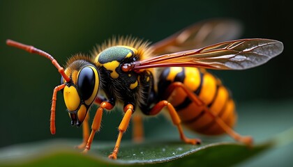 A detailed close up of a yellowjacket wasp resting on a green leaf with a blurred green background