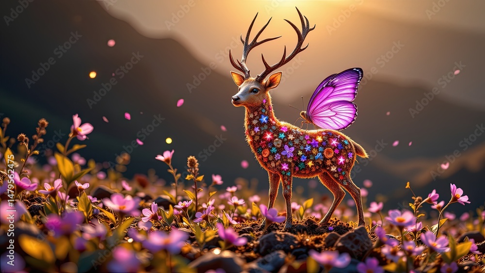 Poster whimsical scene where deer stands amidst field of vibrant pink flowers bathed warm glow of setting s